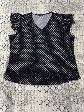 Adrianna Papell XL Black & White Ruffle Cap Sleeve V Neck Top